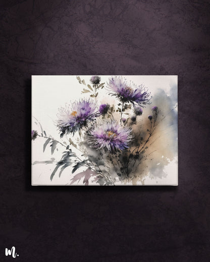 Whispering Asters canvas art, displayed on plain dark wall showcasing, showcasing the delicate and soft hues of the painting-Muselot