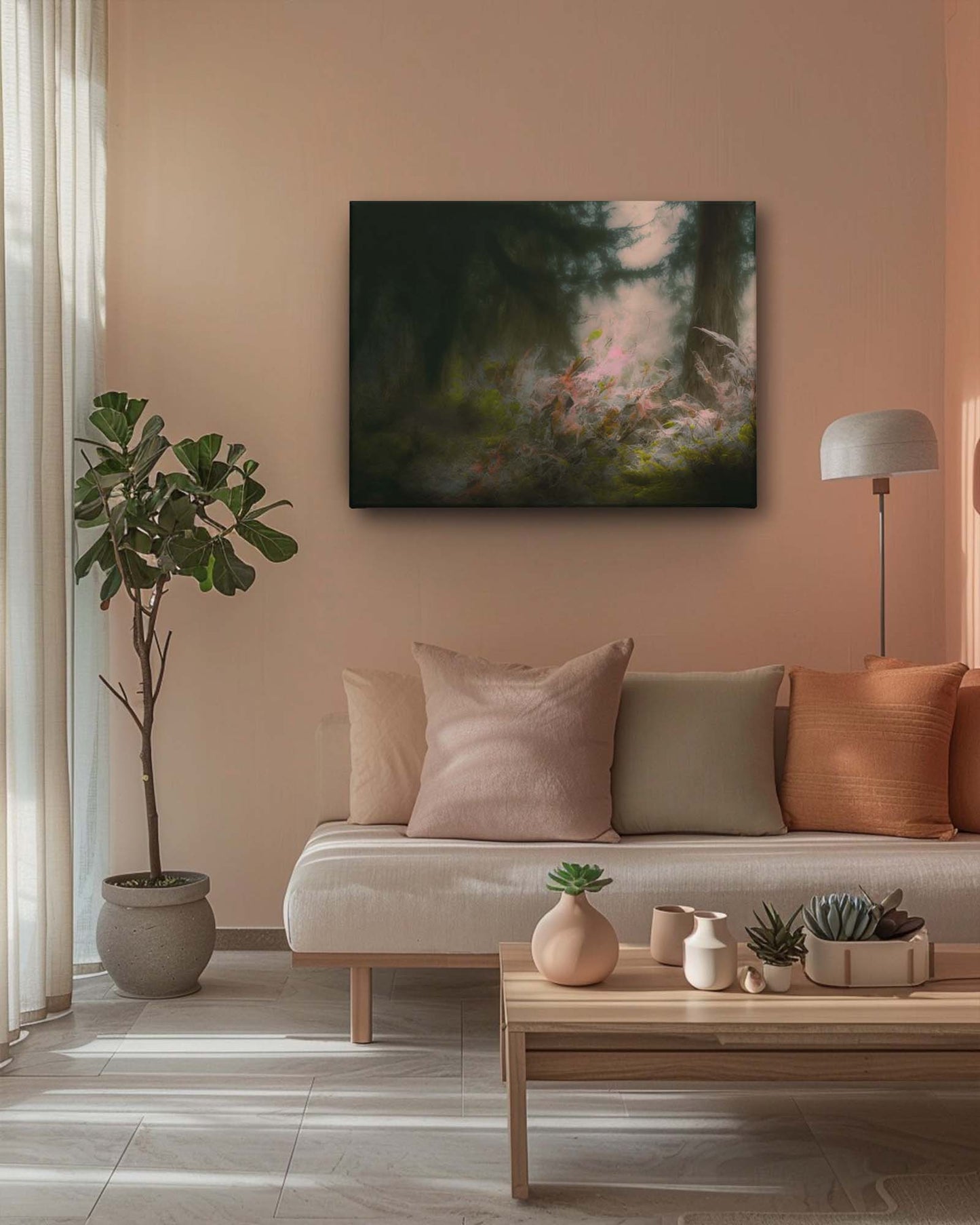 The modern forest wall art canvas in a light background of the living room features a minimalist forest scene that stands out against the soft backdrop. The clean lines and subtle tones of the artwork create a serene and elegant focal point, enhancing the room's tranquil and sophisticated atmosphere-Muselot