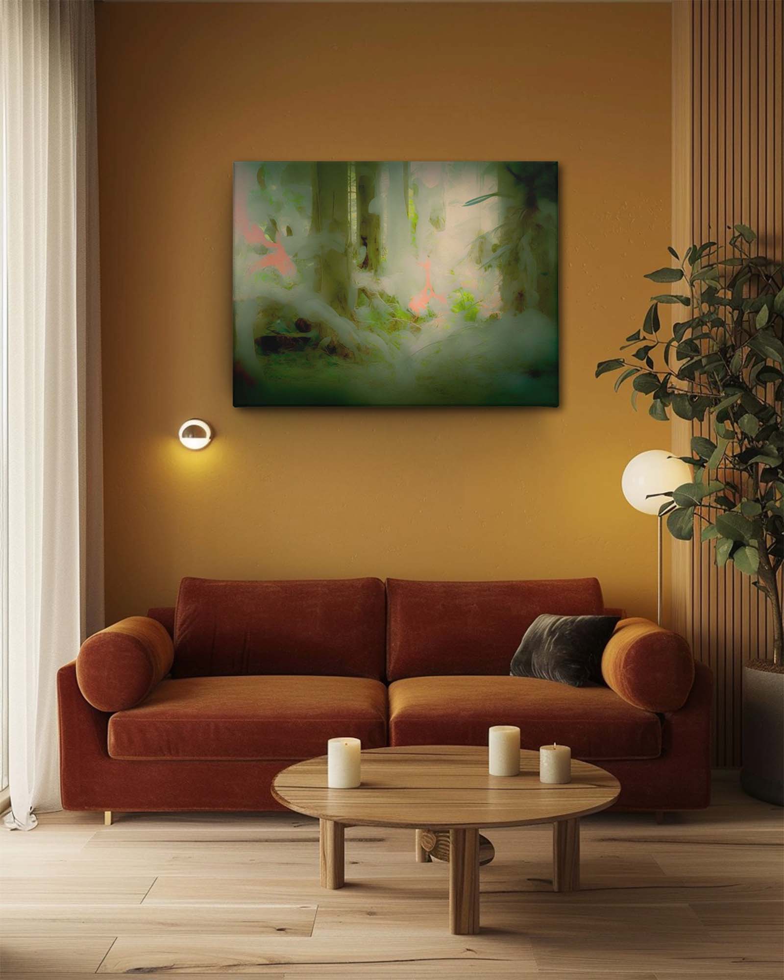 modern forest  canvas art in a well-lit living room with a plain background features a captivating and mystical design. The ample lighting highlights the artwork’s subtle details and enchanting elements, while the plain background allows the art to stand out as the room's focal point. This combination creates a serene and magical atmosphere, enhancing the room's overall elegance-Muselot