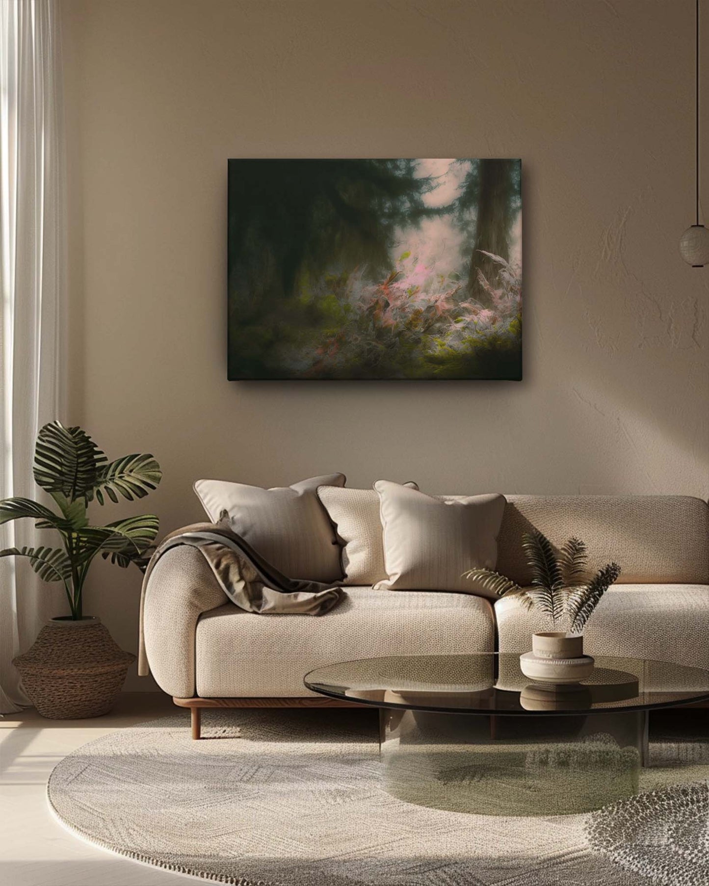 The modern forest wall art canvas, set against a neutral background, features a minimalist yet striking depiction of a forest. The subtle tones and clean lines of the artwork blend seamlessly with the neutral backdrop, creating a serene and sophisticated focal point in the room-Muselot