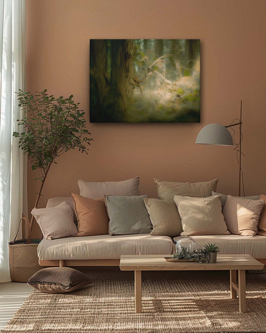 modern forest canvas art on a peach background in the living room features a serene and mystical depiction of a forest path. The soft peach backdrop enhances the artwork’s delicate colors and ethereal quality, creating a warm and inviting atmosphere. This combination adds a touch of tranquility and elegance to the space, making it a soothing focal point-Muselot