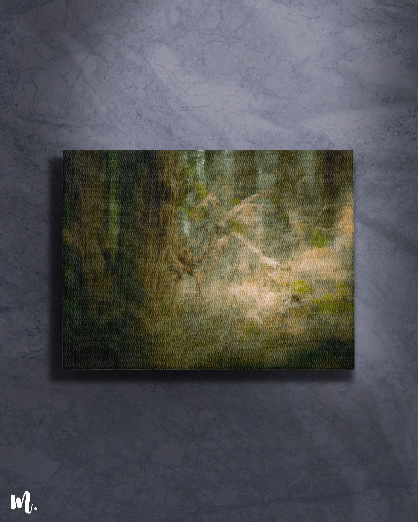 Forest path  abstract modern canvas art on a dark background features a mystical and serene depiction of a forest path. The dark backdrop enhances the artwork’s otherworldly quality, making the soft, glowing elements of the path stand out vividly. This combination adds depth and mystery to the space, creating a captivating and elegant focal point-Muselot