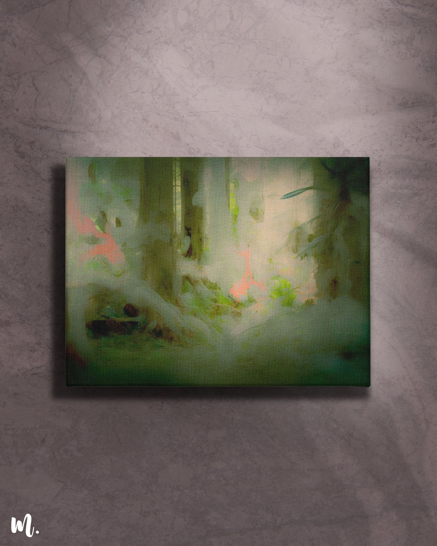 modern abstract canvas art of a forest on a light background features a mesmerizing design that stands out with its subtle and captivating details. The light backdrop enhances the artwork's delicate colors and ethereal qualities, creating a serene and sophisticated focal point that adds elegance and charm to any space-Muselot