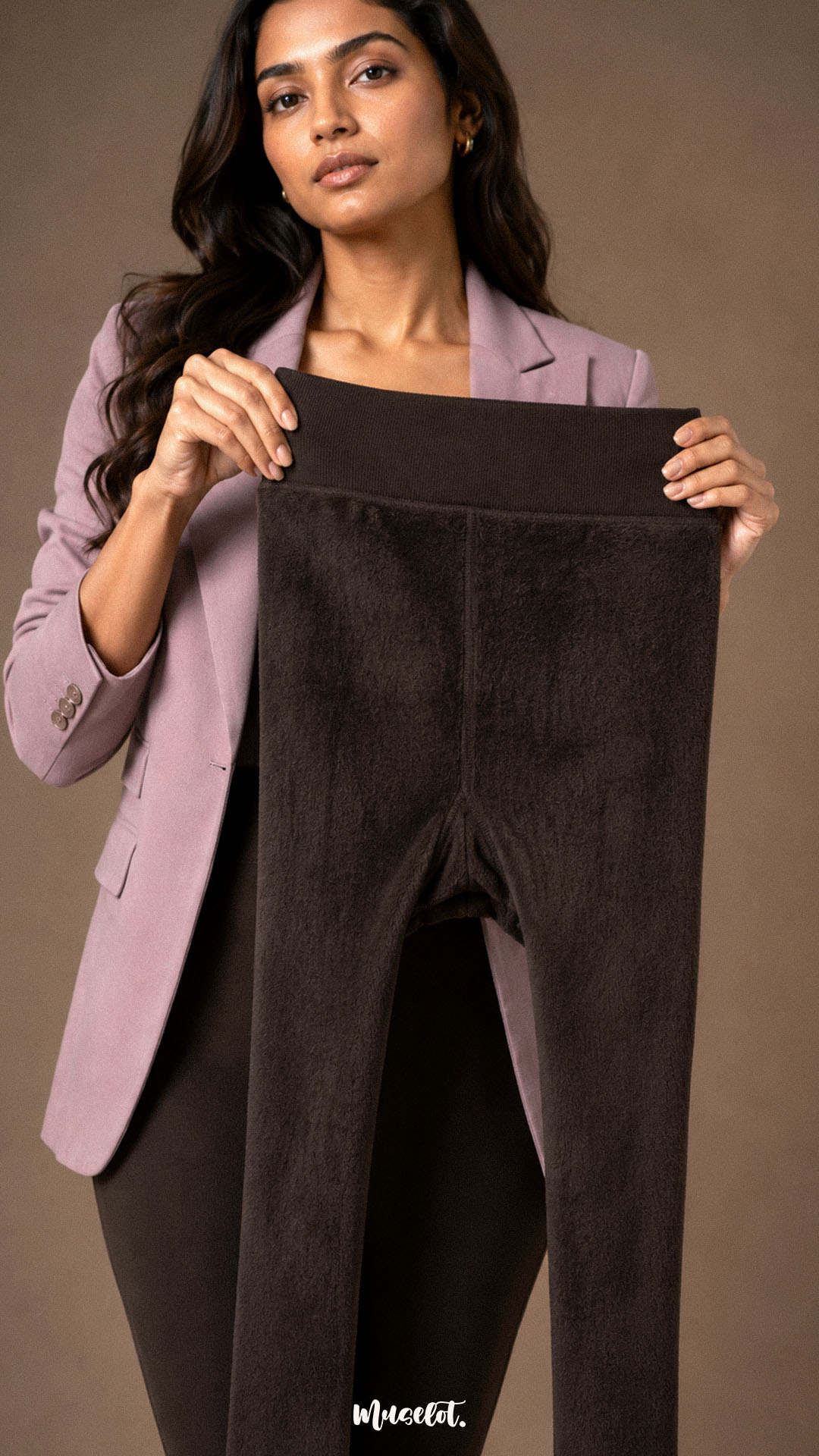 A model holding dark brown winter stockings inside out to display the dense soft fur lining and stretch ribbed waistband.