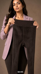 A model holding dark brown winter stockings inside out to display the dense soft fur lining and stretch ribbed waistband.
