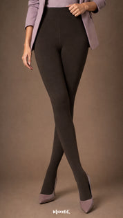 A cross-leg view of dark brown closed-feet winter stockings showing opaque stretch fabric and seamless-looking full-leg coverage.