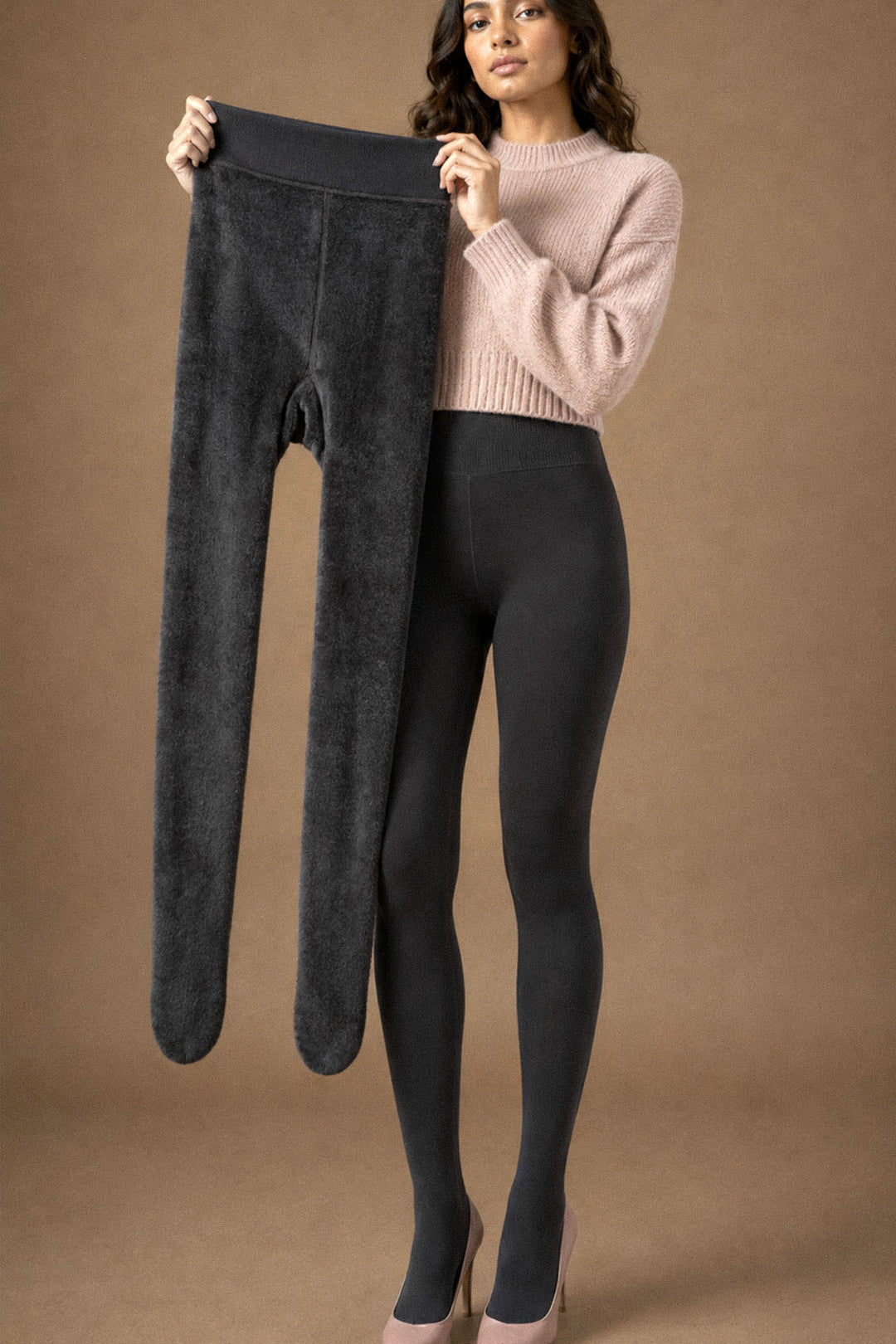 A woman holding dark grey open-foot winter stockings to display the soft dense fur lining and warm thermal interior - Muselot