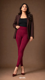 Full-length view of maroon fur lined stockings for women with high waist, smooth thermal fabric and open-foot ankle cuffs - Muselot