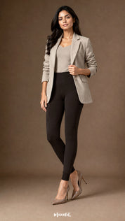 Full-length view of dark brown fur lined winter tights with open feet, styled with a blazer and heels for cold-weather wear.