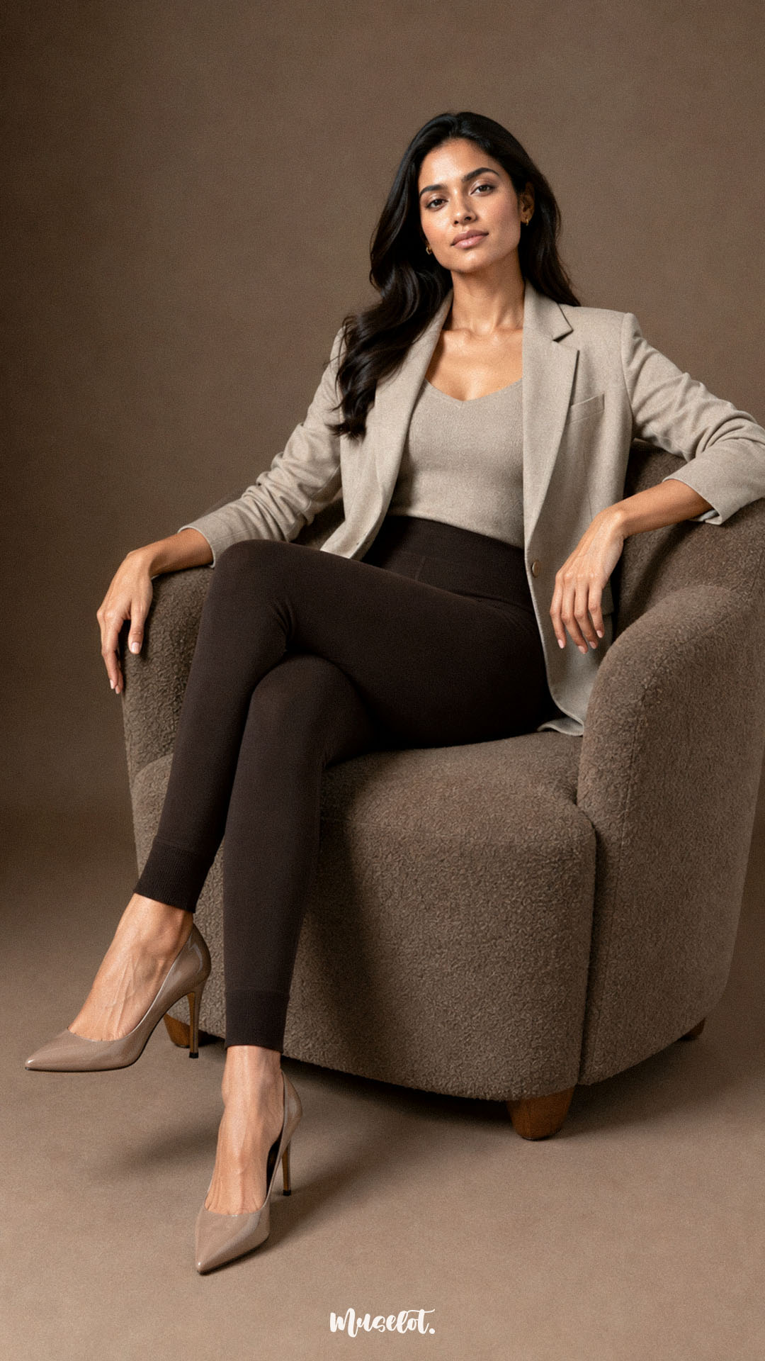 A seated model wearing dark brown fur lined winter stockings with open feet, showing smooth stretch fit and warm full-leg coverage.