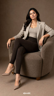 A seated model wearing dark brown fur lined winter stockings with open feet, showing smooth stretch fit and warm full-leg coverage.