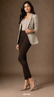 A woman wearing dark brown fur lined winter stockings with open feet, high waist and fitted opaque finish for winter styling- Muselot