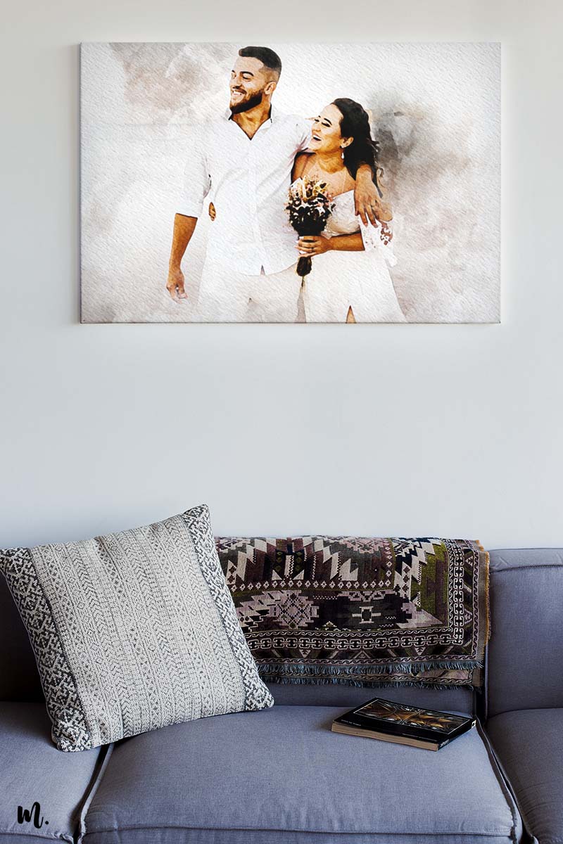 Personalized picture to watercolour art canvas of couple on their honeymoon - Muselot