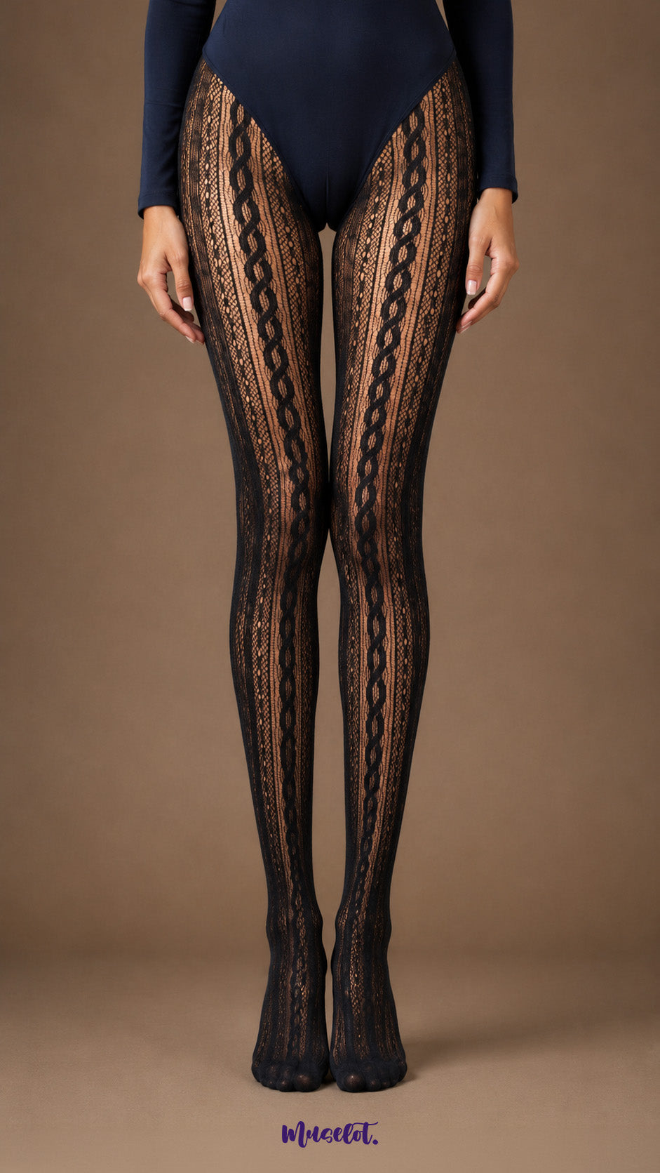 Front view of black fishnet stockings featuring symmetrical vertical braid motifs, intricate lace mesh panels and full closed-toe coverage.