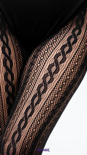 A close up of black mesh stockings on legs on white background, highlighting fine net texture and designer pattern detail for premium finish – Muselot