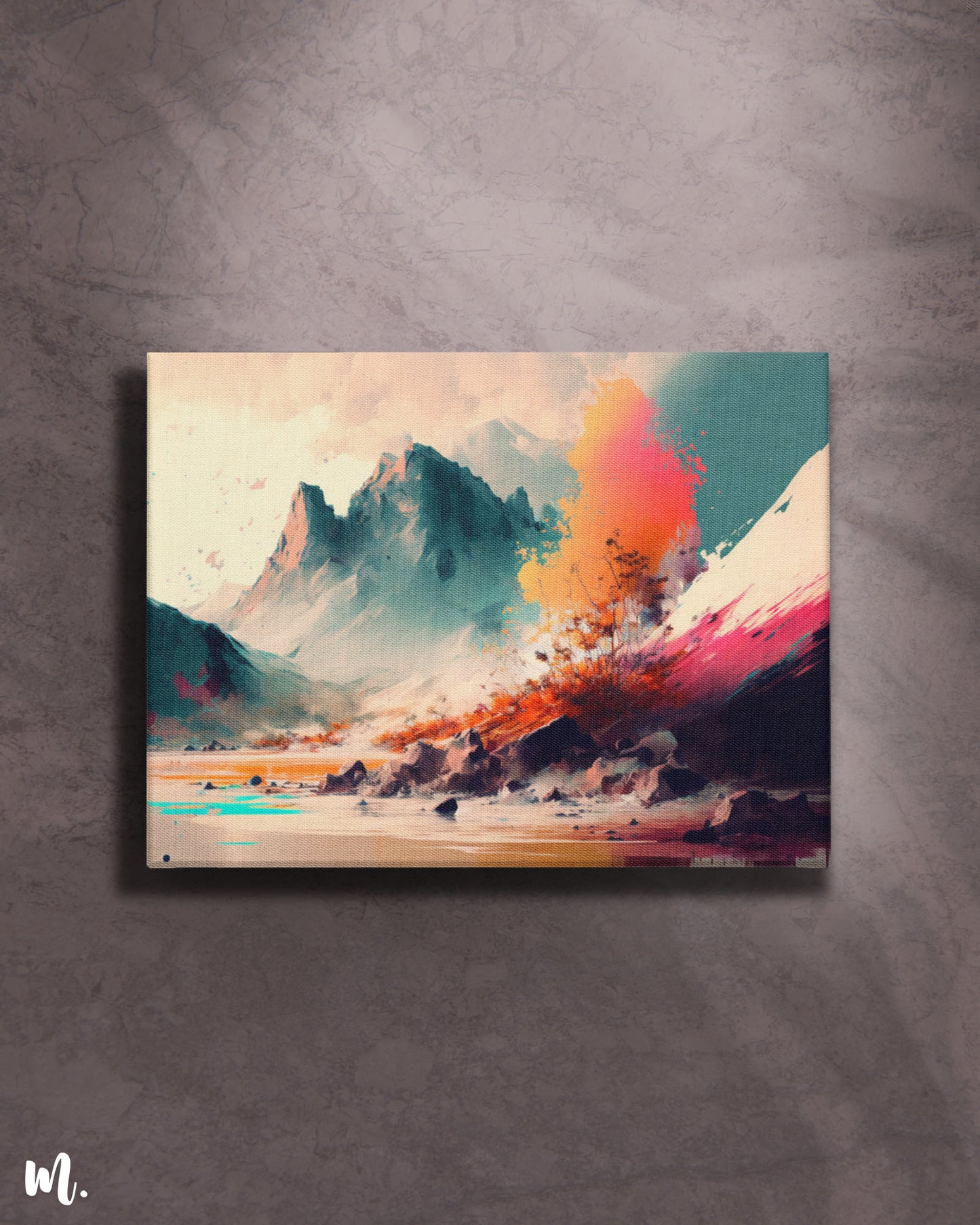 A vibrant landscape painting on canvas, displayed against a plain background showcasing mountains and colorful foliage with soft, blended tones of blue, green, orange, and pink-Muselot