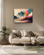 A autumn landscape art, displayed on a cream wall, with a minimal furniture in an living room, creating a warm and soothing atmosphere in the room-Muselot