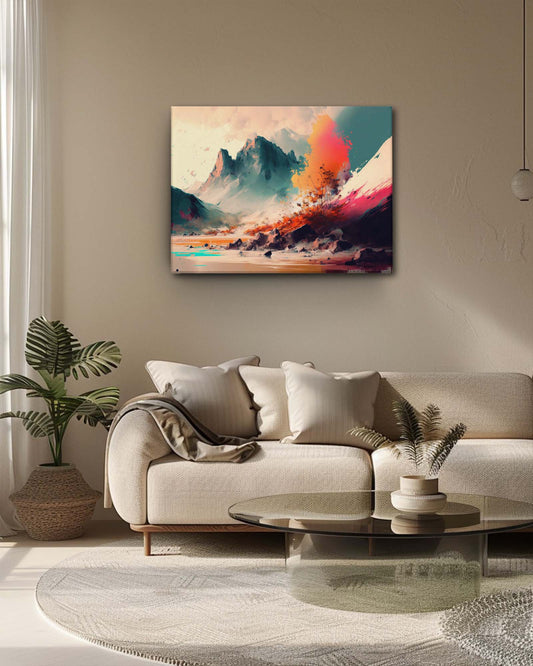 A autumn landscape art, displayed on a cream wall, with a minimal furniture in an living room, creating a warm and soothing atmosphere in the room-Muselot