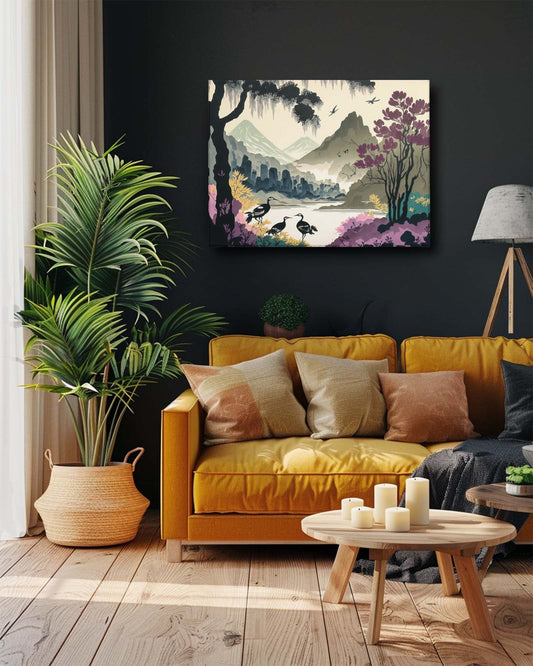 The watercolor landscape ink art canvas, set against a dark background in a living room with dark furniture, features a serene and atmospheric landscape. The dark backdrop accentuates the soft, flowing colors of the watercolor, creating a vivid contrast. The artwork complements the dark furniture, adding a refined and elegant touch to the room.-Muselot