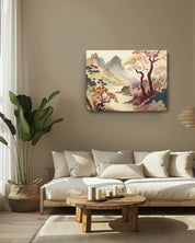 The watercolor landscape ink art canvas in a neutral-paired living room features a serene landscape with soft, flowing colors. The neutral tones of the room complement the delicate hues and intricate details of the artwork, creating a harmonious and calming focal point. The subtle integration of the art with the room’s decor enhances the overall tranquility and sophistication of the space.-Muselot