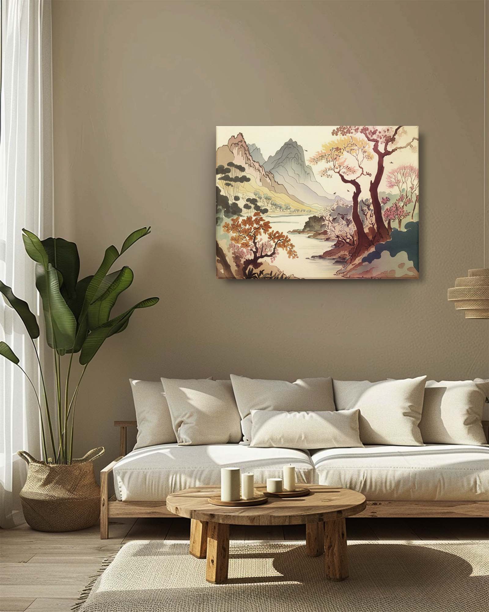 The watercolor landscape ink art canvas in a neutral-paired living room features a serene landscape with soft, flowing colors. The neutral tones of the room complement the delicate hues and intricate details of the artwork, creating a harmonious and calming focal point. The subtle integration of the art with the room’s decor enhances the overall tranquility and sophistication of the space.-Muselot