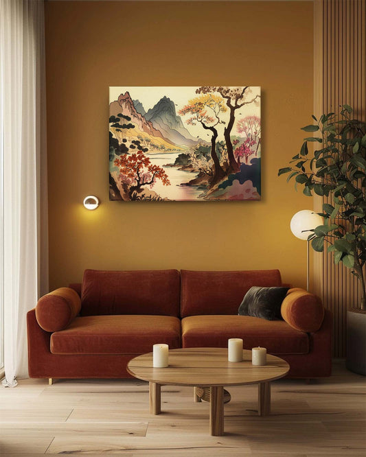 A ink wash landscape canvas art in a well-lit living room features a tranquil river scene with flowing, ethereal colors. The ample lighting enhances the artwork’s subtle details and serene hues, creating a calm and inviting focal point. The art’s gentle, flowing lines add a peaceful elegance to the room, complementing the bright and airy atmosphere.-Muselot