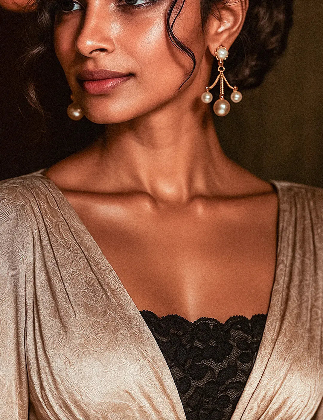 A model wearing Lacy Black Mockers, showcasing the intricate lace design and adding timeless elegance to a deep-neck outfit – Muselot.