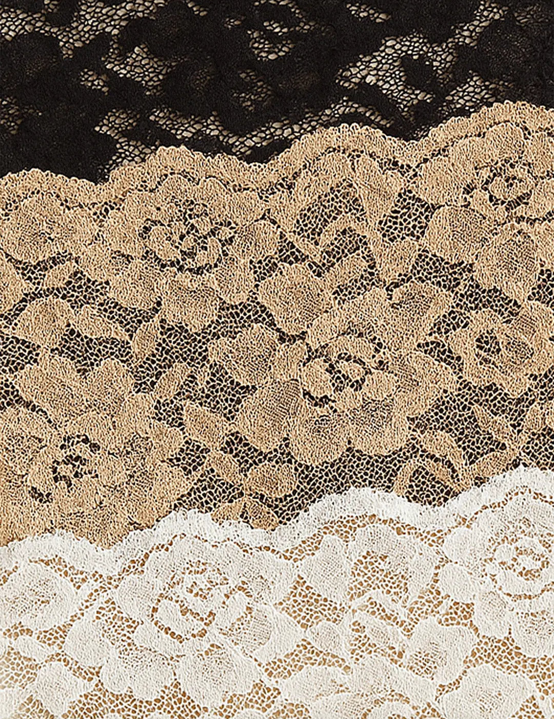 Zoomed-in flatlay of stacked Lacy Mockers in black, nude, and white, highlighting the fine lace detailing and premium finish – Muselot.
