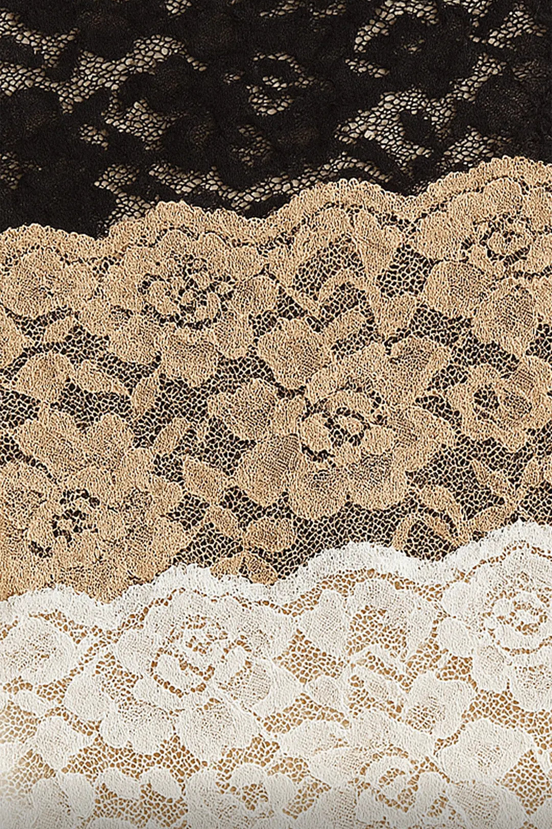 Zoomed-in flatlay of stacked Lacy Mockers in black, nude, and white, highlighting the fine lace detailing and premium finish – Muselot.