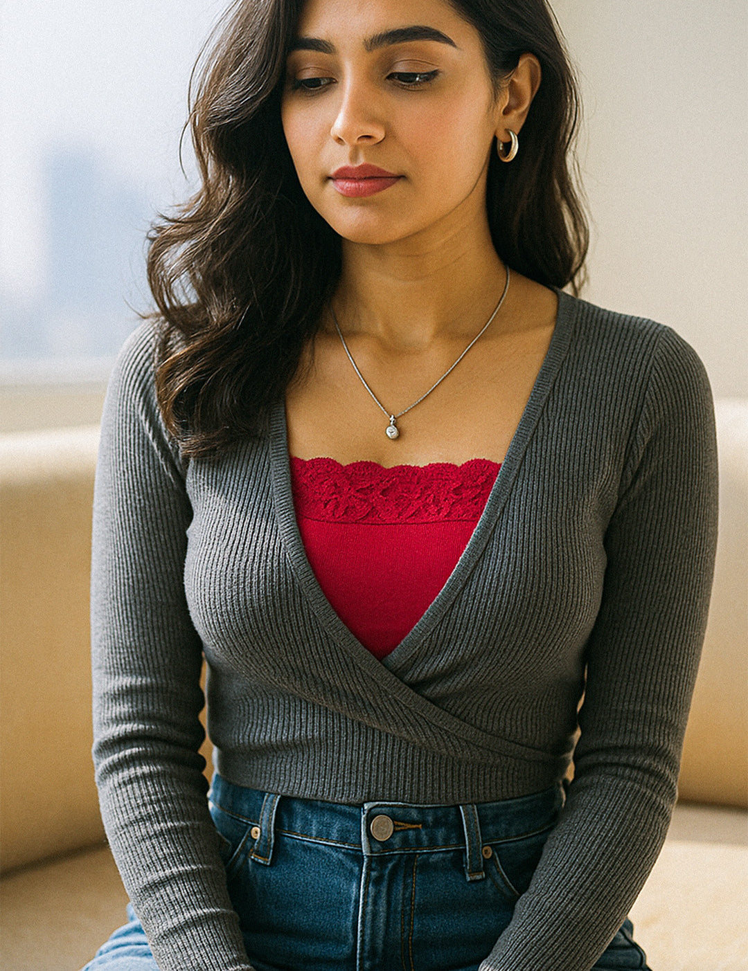 Model wearing hot pink lace mocker insert under a deep-neck top in natural daylight, showcasing vibrant lace details and stylish neckline coverage — Muselot