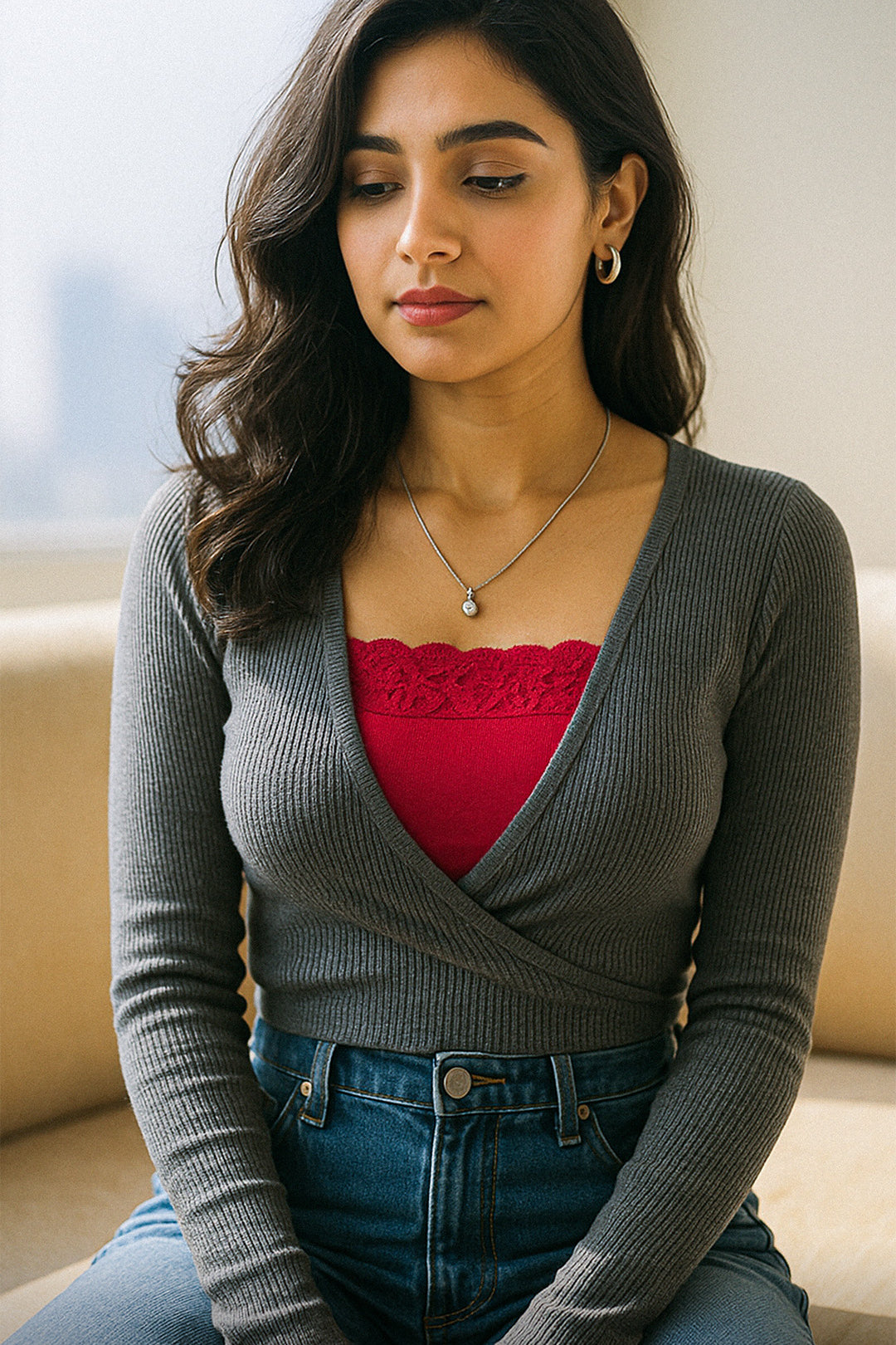 Model wearing hot pink lace mocker insert under a deep-neck top in natural daylight, showcasing vibrant lace details and stylish neckline coverage — Muselot
