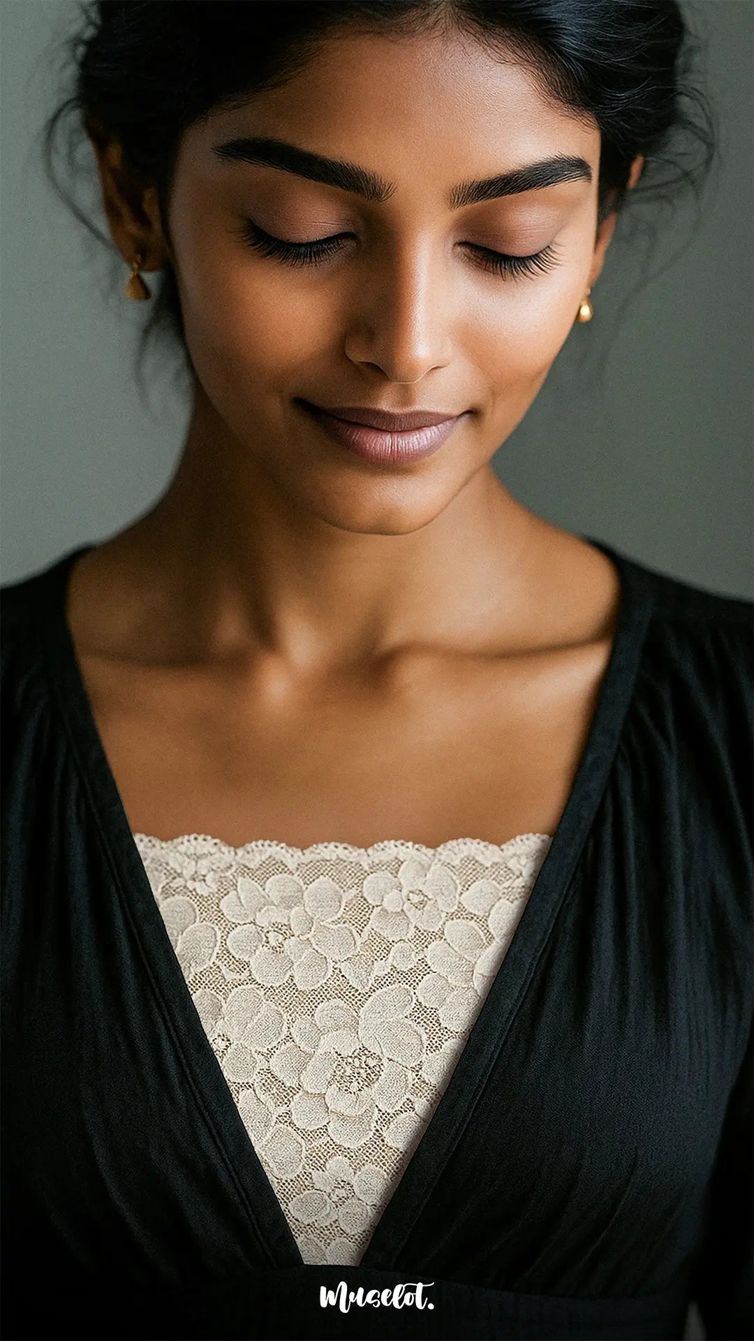 A model wearing Lacy beige Mockers, featuring soft floral lace that adds subtle sophistication and refined coverage to deep necklines – Muselot.