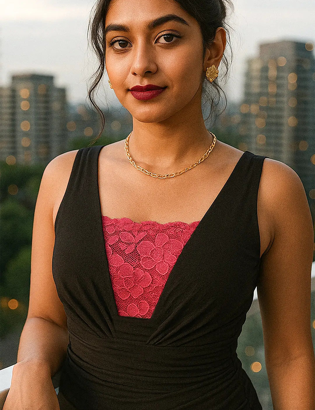 Outdoor shot of an indian model wearing Lacy neon pink Mockers with a black dress, highlighting the vibrant lace detail and bold contrast for deep-neck outfits – Muselot.