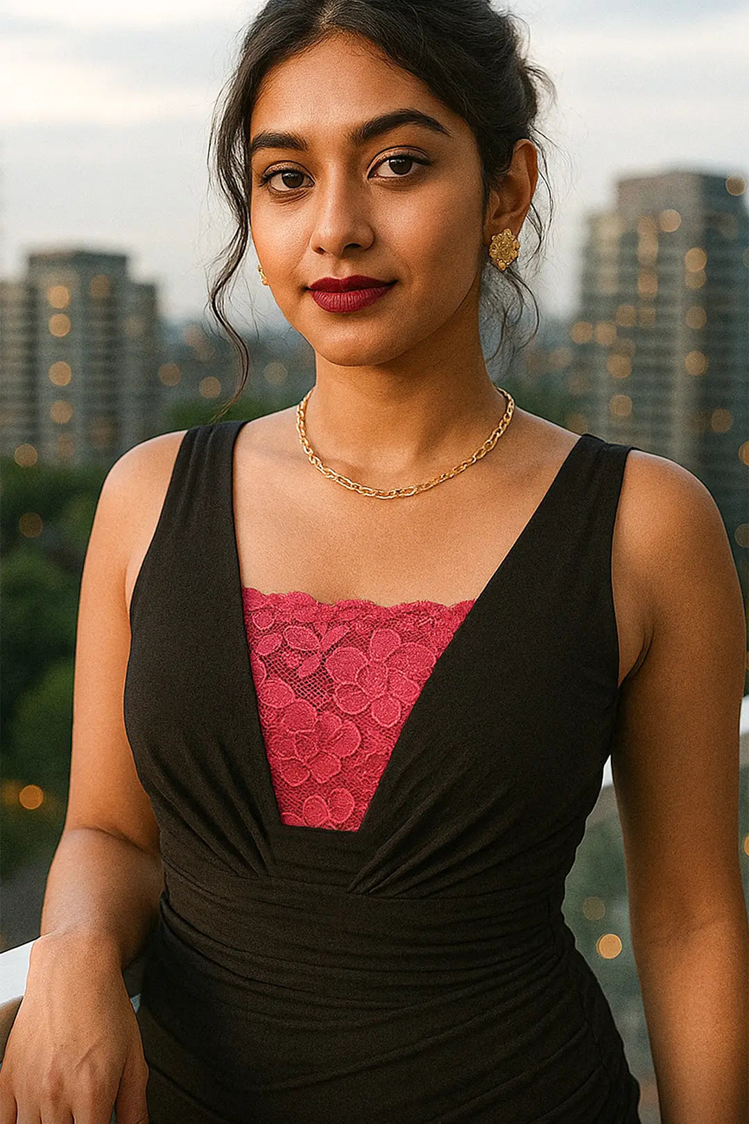 Outdoor shot of an indian model wearing Lacy neon pink Mockers with a black dress, highlighting the vibrant lace detail and bold contrast for deep-neck outfits – Muselot.