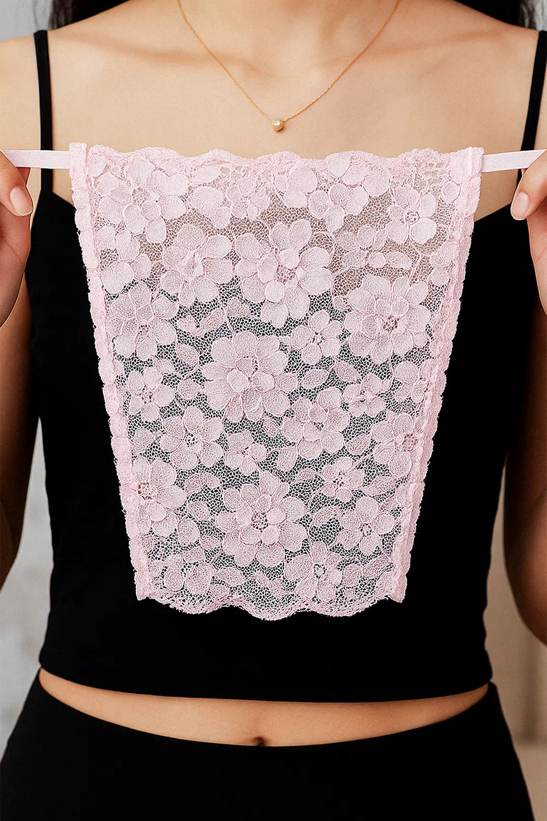 Close-up view of Lacy Pink Mockers showcasing delicate lace texture, highlighting the straight horizontal top edge and elegant coverage for deep-neck outfits-Muselot