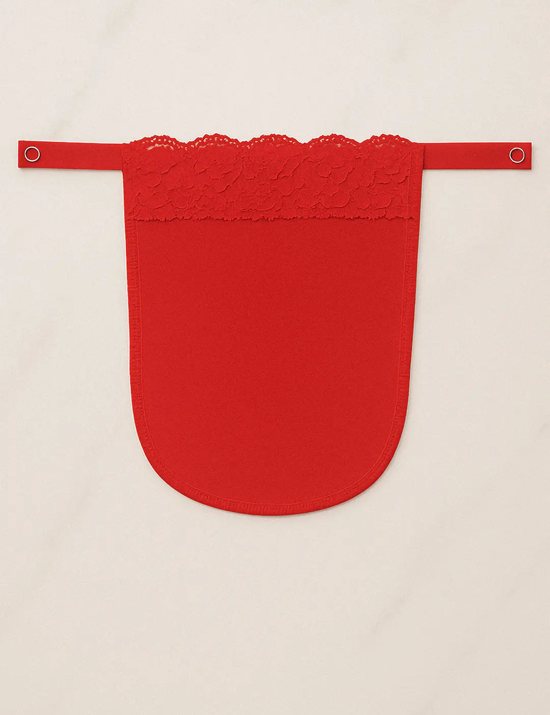 Red solid lace mocker modesty panel in flatlay view, featuring elegant lace detailing and secure fastening for stylish deep-neck coverage — Muselot.