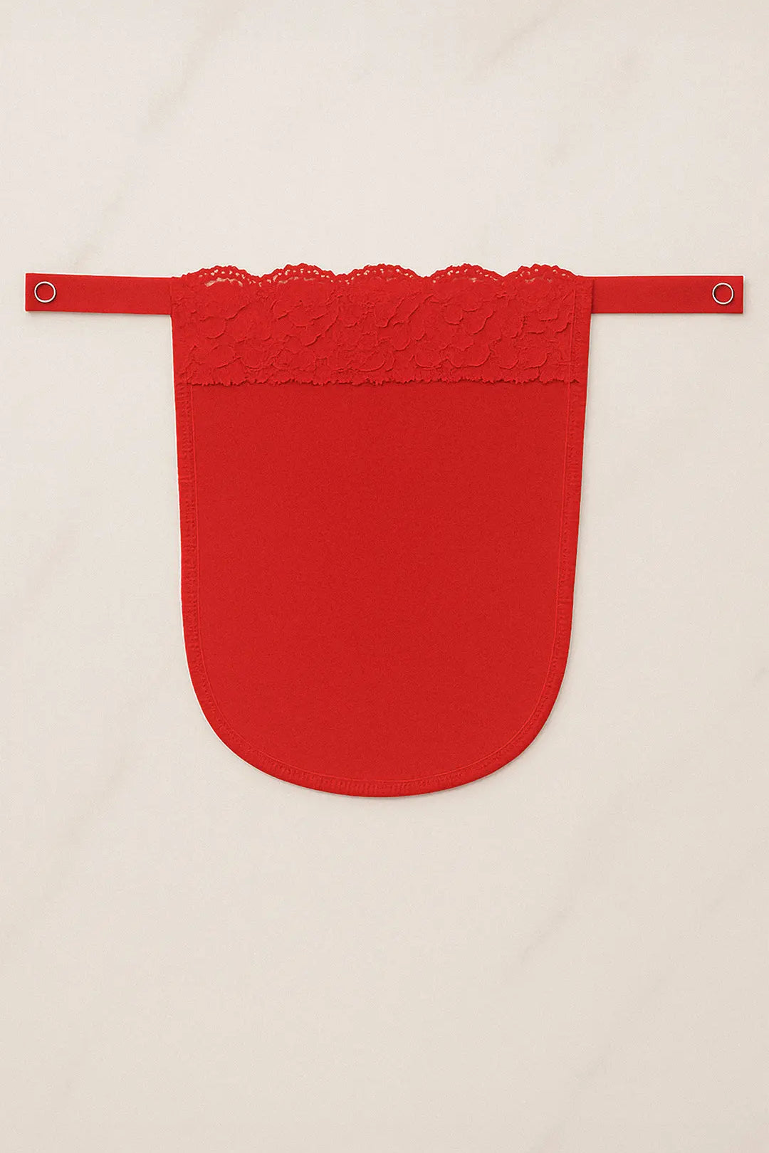 Red solid lace mocker modesty panel in flatlay view, featuring elegant lace detailing and secure fastening for stylish deep-neck coverage — Muselot.