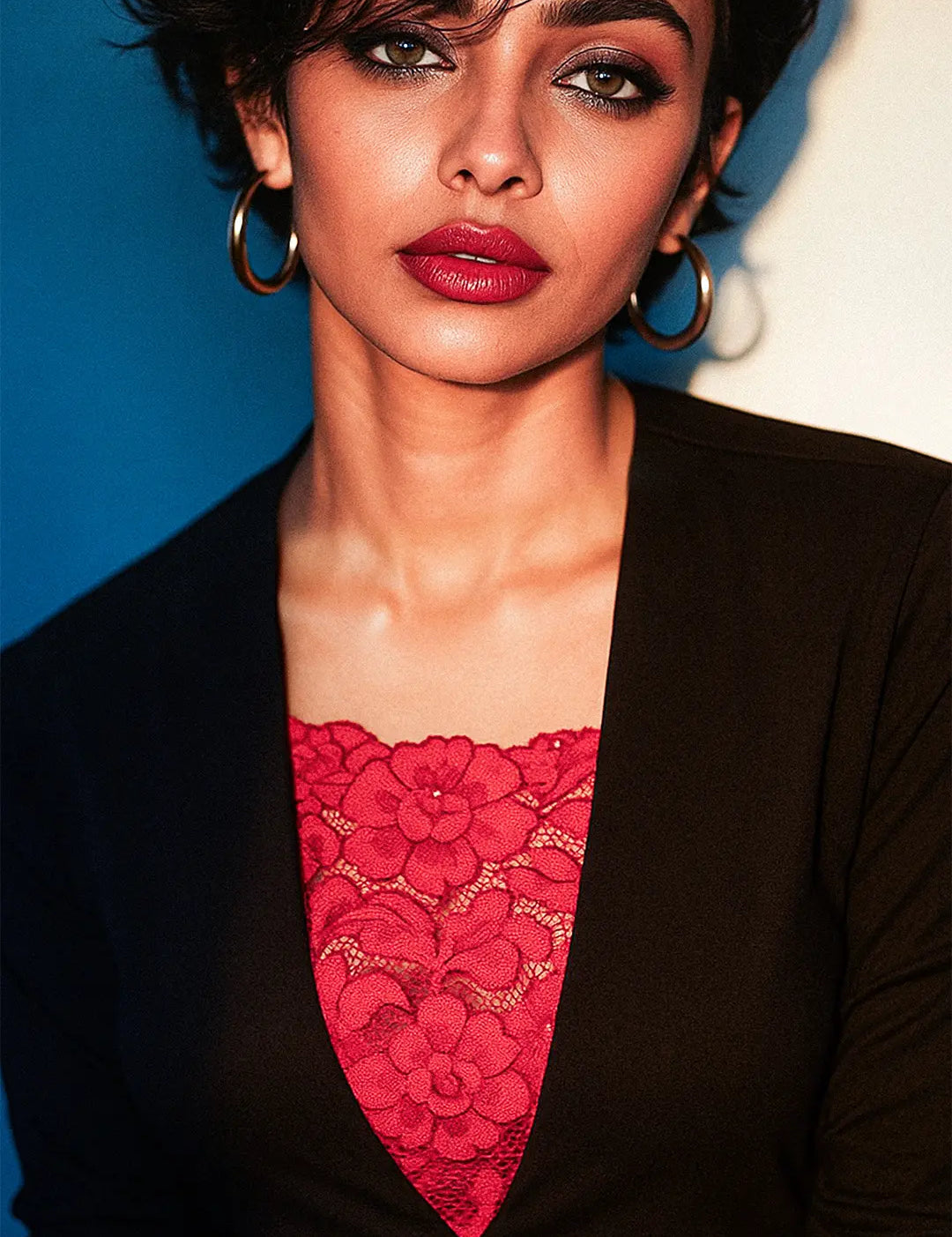 Editorial shot of model wearing Lacy Red Mockers with a black dress, showcasing bold lace detail and accentuating the deep neckline with striking contrast – Muselot.