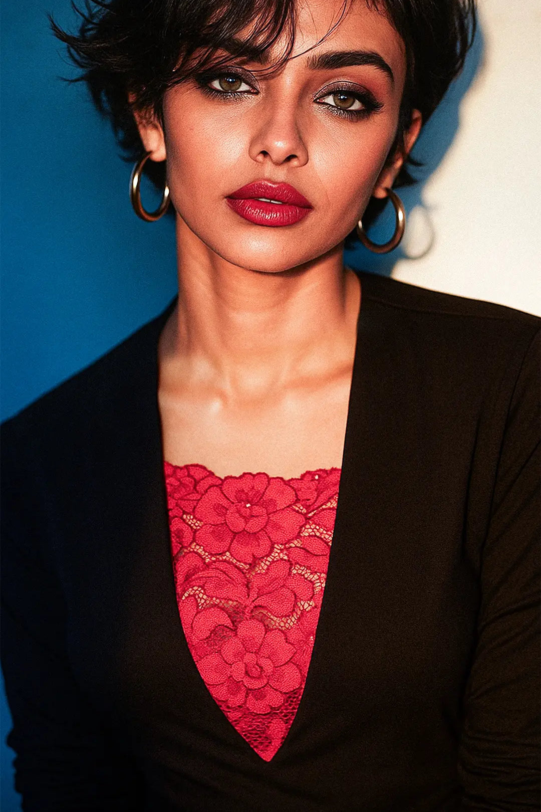 Editorial shot of model wearing Lacy Red Mockers with a black dress, showcasing bold lace detail and accentuating the deep neckline with striking contrast – Muselot.