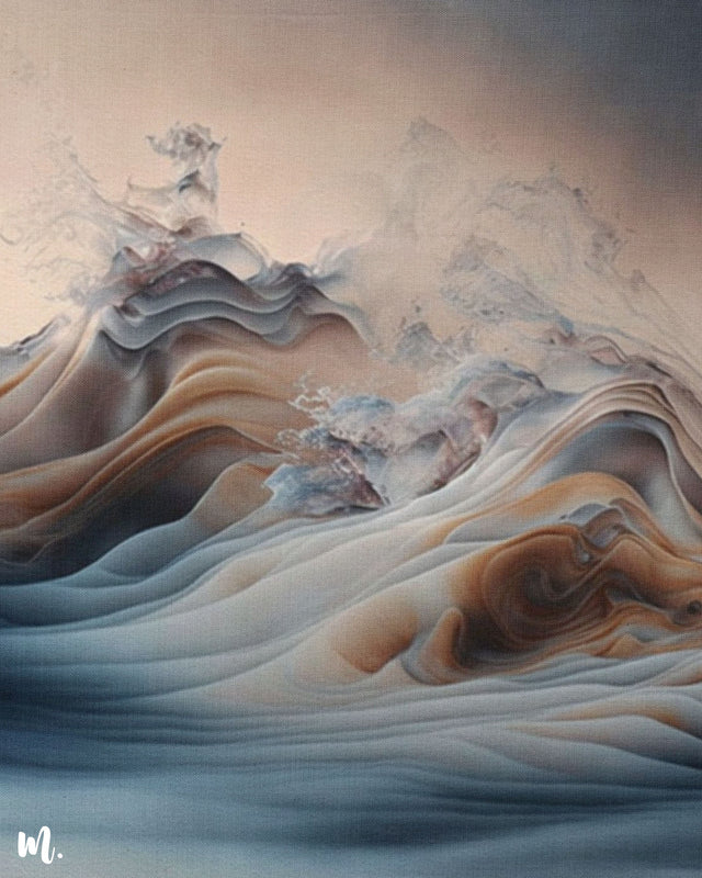 A zoomed in shot of ocean waves abstract painting. The colors blend smoothly, with earthy tones of brown and beige contrasting with shades of blue and grey. The delicate, cloud-like formations in the background give the artwork a serene, airy feel, enhancing its calm and fluid nature-Muselot
