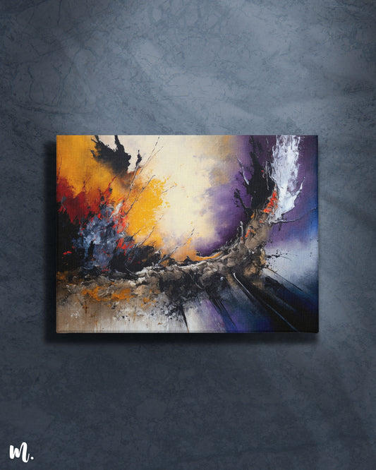 A modern sunset abstract art on a plain grey background, focusing on the strokes of the painting-Muselot