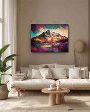 A mountain abstract canvas art placed on a muted colored wall of a living room. graces the room, adding a serene, ethereal touch with its soft highland scenery, creating a tranquil focal point-muselot