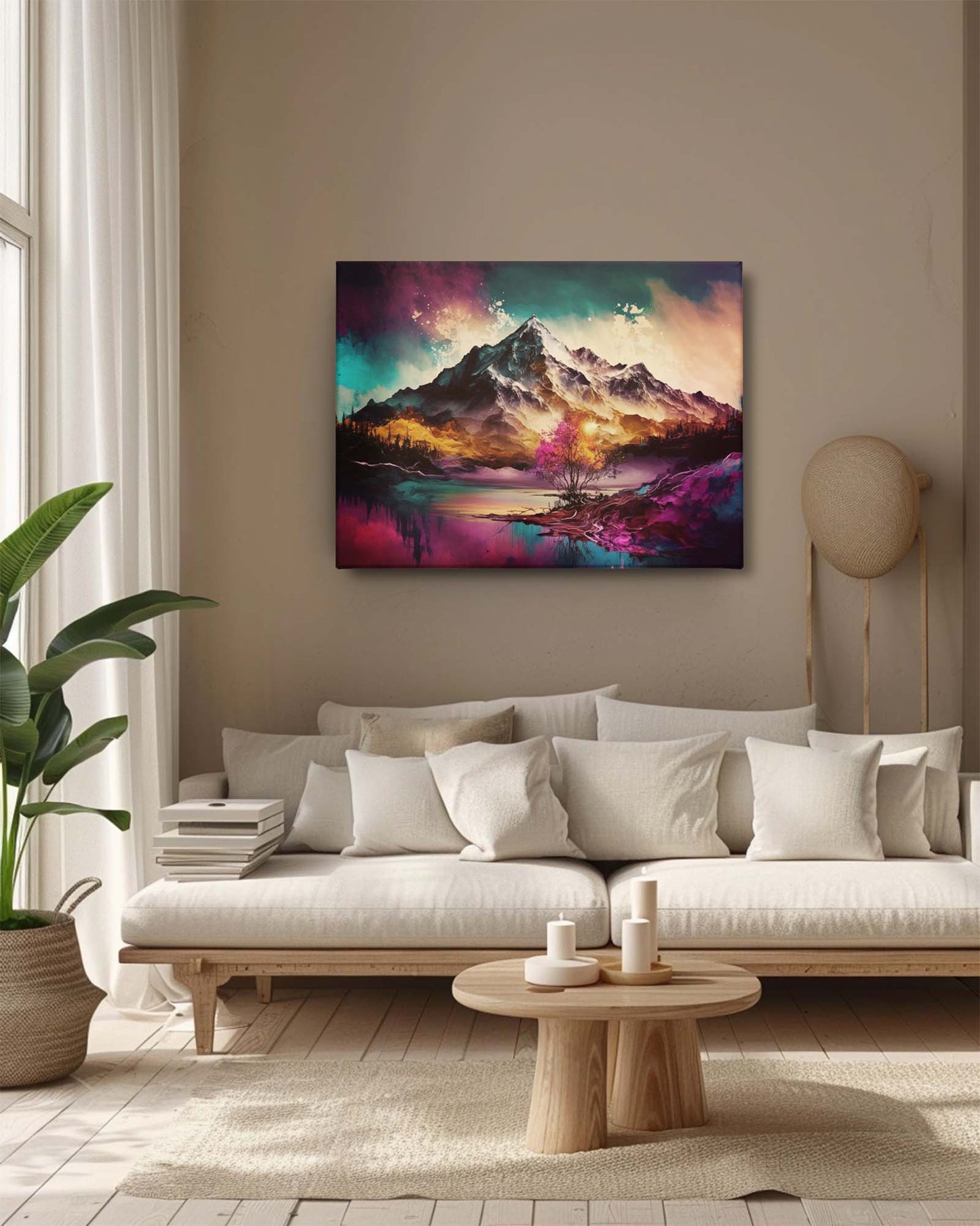 A mountain abstract canvas art placed on a muted colored wall of a living room. graces the room, adding a serene, ethereal touch with its soft highland scenery, creating a tranquil focal point-muselot