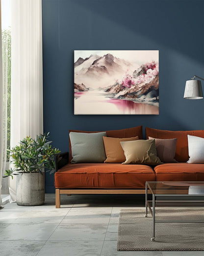 The modern mountain canvas art in a dark background living room features soft, pastel-colored mountain peaks that contrast beautifully with the deep backdrop. The dark wall enhances the gentle hues of the artwork, making the subtle colors and delicate details of the peaks stand out. This combination adds a sophisticated and calming focal point to the room.-Muselot