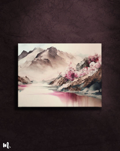 The serene mountain canvas wall art on a dark background features a tranquil mountain scene with calming colors and smooth gradients. The dark backdrop highlights the artwork's peaceful and majestic qualities, creating a striking contrast that adds depth and sophistication to the space.-Muselot