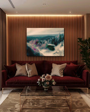 The mountain canvas art in a dark background living room features an ethereal and dreamlike depiction of misty mountains. The dark backdrop enhances the artwork’s surreal qualities, making the misty and otherworldly elements stand out vividly. The contrast adds depth and drama, creating a captivating and sophisticated focal point in the room.-Muselot