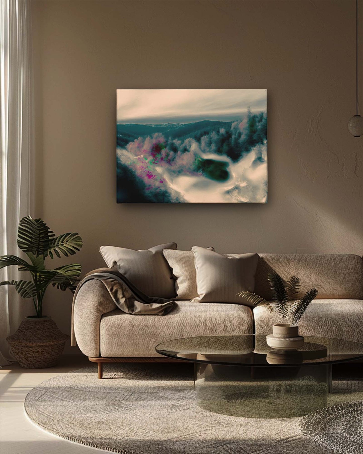 The abstract mountain surreal canvas art in a neutral background living room features an ethereal depiction of misty mountains. The neutral backdrop highlights the surreal elements of the artwork, creating a serene and sophisticated focal point. The subtle tones of the room complement the dreamlike quality of the art, adding a tranquil and elegant touch to the space.-Muselot