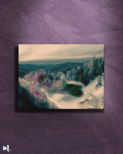 mountain surreal canvas art on a dark background features an otherworldly scene of misty mountains. The dark backdrop enhances the ethereal and dreamlike qualities of the artwork, making the mist and surreal elements stand out dramatically. This setup creates a striking and sophisticated visual impact.-Muselot