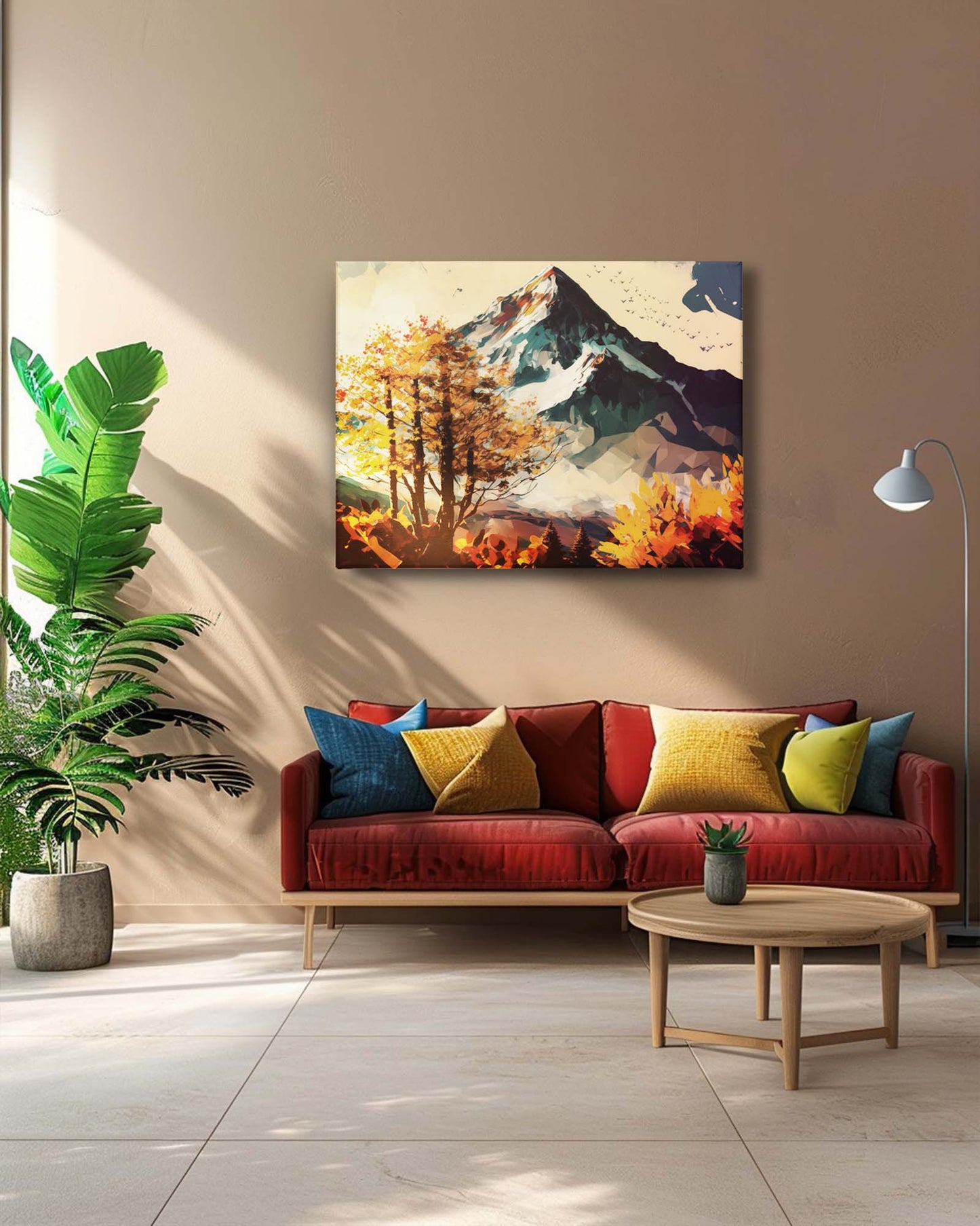 The modern landscape serene canvas art in a peach colored wall, paired with a maroon sofa in a well-lit living room, creates a harmonious and elegant atmosphere. The soft peach background enhances the tranquil landscape, while the maroon sofa adds a rich, contrasting touch. The ample lighting highlights the artwork's serene colors and details, making it a calming and sophisticated focal point in the room.-Muselot