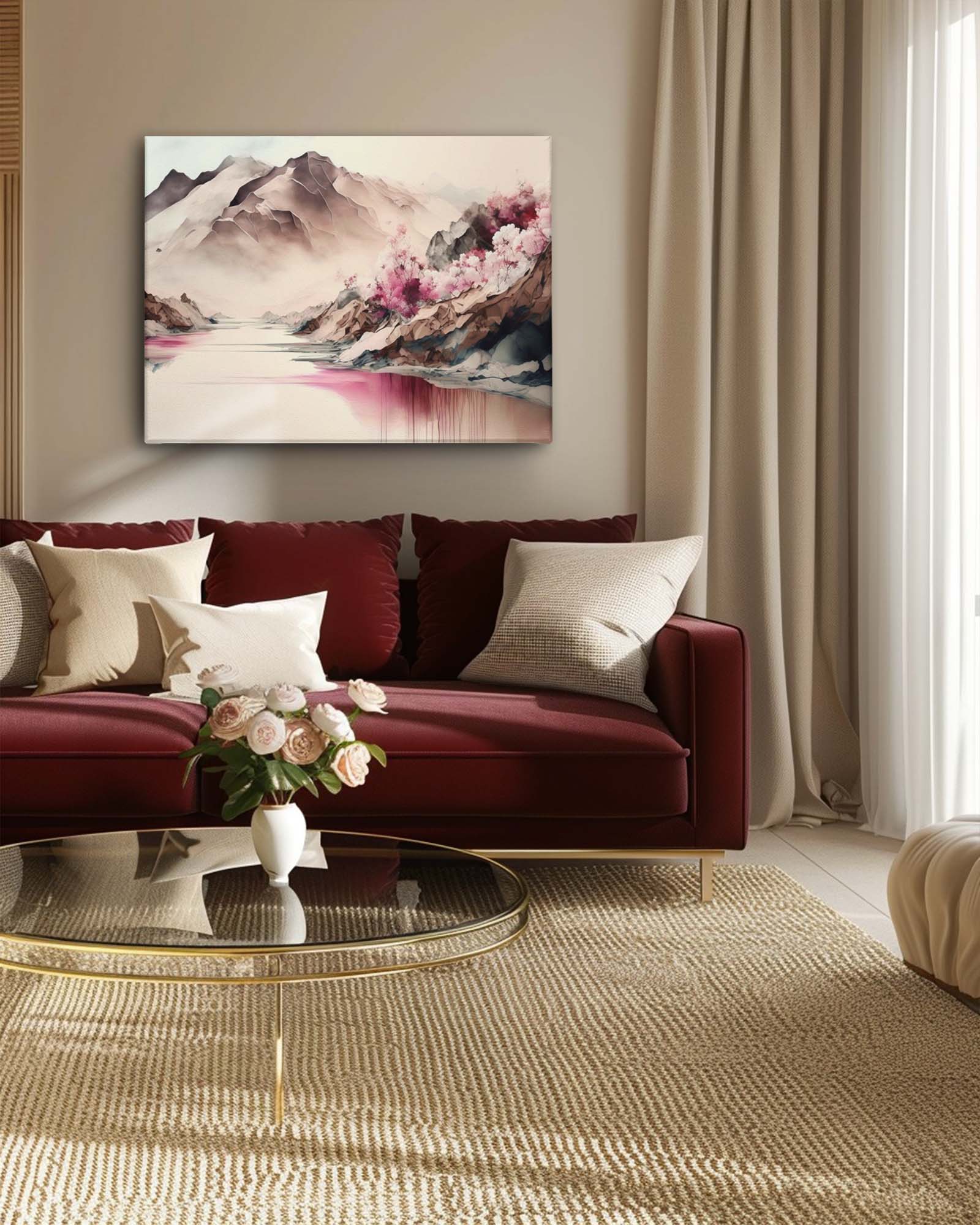 The serene mountain canvas wall art in a neutral background living room with minimal furniture features a tranquil mountain scene that complements the room's understated elegance. The neutral backdrop highlights the artwork’s calming colors and details, while the minimal furniture ensures the art remains the focal point. This combination creates a peaceful and sophisticated atmosphere in the space.-Muselot